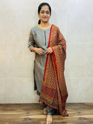 Soft silk top (cotton lining) with potli work in yoke paired with semi modal silk dupatta and silk bottom (free size)