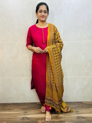 Soft silk top (cotton lining) with potli work in yoke paired with semi modal silk dupatta and silk bottom (free size)