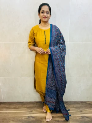 Soft silk top (cotton lining) with potli work in yoke paired with semi modal silk dupatta and silk bottom (free size)