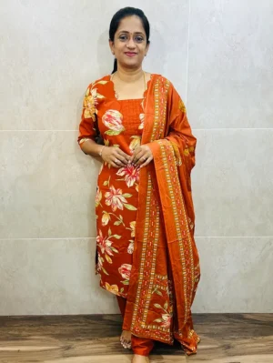 Printed Jaipur cotton top (cotton lining) paired with printed cotton dupatta and cotton bottom (Free size)