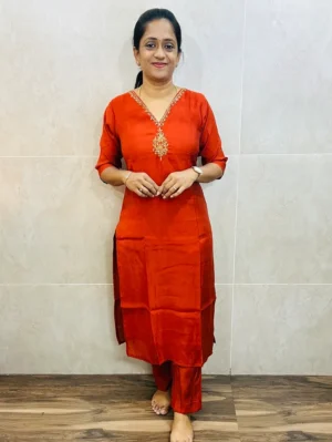 Soft muslin silk top (crepe lining) with exclusive handwork on yoke paired with muslin silk bottom (straight cut)