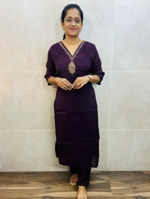 Soft muslin silk top (crepe lining) with exclusive handwork on yoke paired with muslin silk bottom (straight cut)