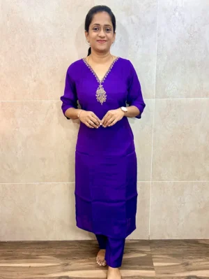 Soft muslin silk top (crepe lining) with exclusive handwork on yoke paired with muslin silk bottom (straight cut)