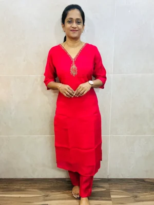 Soft muslin silk top (crepe lining) with exclusive handwork on yoke paired with muslin silk bottom (straight cut)