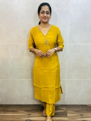 Soft muslin silk top (crepe lining) with exclusive handwork on yoke paired with muslin silk bottom (straight cut)