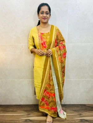 Soft muslin silk top (crepe lining) paired with muslin silk dupatta and silk bottom (straight cut)