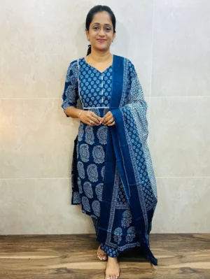 Indigo dyed cotton top (cotton lining) paired with cotton dupatta and cotton bottom  (straight cut)