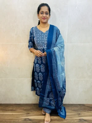 Indigo dyed cotton top (cotton lining) paired with cotton dupatta and cotton bottom  (straight cut)