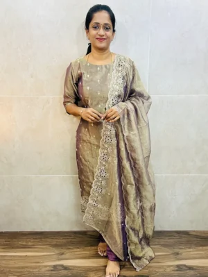 Premium soft tissue silk top (cotton lining) with exclusive cut work on yoke paired with soft tissue silk dupatta and silk bottom (free size)