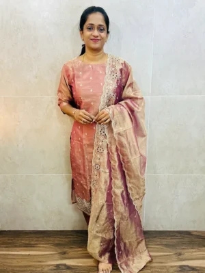 Premium soft tissue silk top (cotton lining) with exclusive cut work on yoke paired with soft tissue silk dupatta and silk bottom (free size)