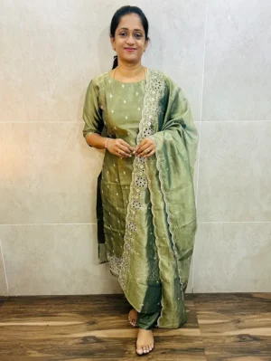 Premium soft tissue silk top (cotton lining) with exclusive cut work on yoke paired with soft tissue silk dupatta and silk bottom (free size)