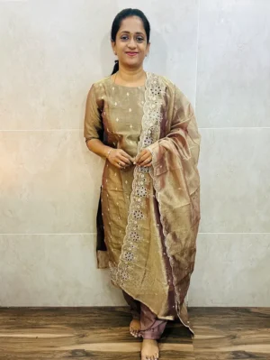 Premium soft tissue silk top (cotton lining) with exclusive cut work on yoke paired with soft tissue silk dupatta and silk bottom (free size)