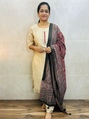 Soft silk top (cotton lining) with potli work in yoke paired with semi modal silk dupatta and silk bottom (free size)