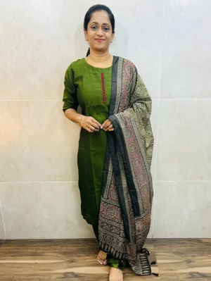 Soft silk top (cotton lining) with potli work in yoke paired with semi modal silk dupatta and silk bottom (free size)