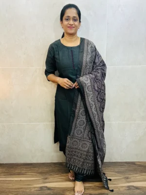 Soft silk top (cotton lining) with potli work in yoke paired with semi modal silk dupatta and silk bottom (free size)