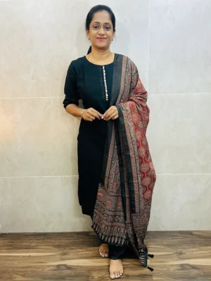 Soft silk top (cotton lining) with potli work in yoke paired with semi modal silk dupatta and silk bottom (free size)