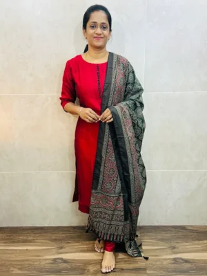 Red - Soft silk top (cotton lining) with potli work in yoke paired with semi modal silk dupatta and silk bottom (free size)