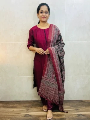 Soft silk top (cotton lining) with potli work in yoke paired with semi modal silk dupatta and silk bottom (free size)