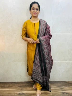 Soft silk top (cotton lining) with potli work in yoke paired with semi modal silk dupatta and silk bottom (free size)