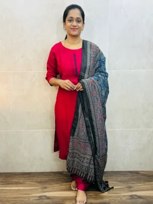 Pink - Soft silk top (cotton lining) with potli work in yoke paired with semi modal silk dupatta and silk bottom (free size)