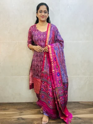 Soft Patola silk top (cotton lining) paired with Patola silk dupatta and printed silk bottom (free size)