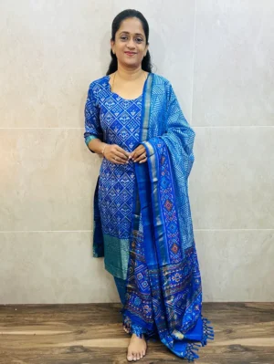 Soft Patola silk top (cotton lining) paired with Patola silk dupatta and printed silk bottom (free size)