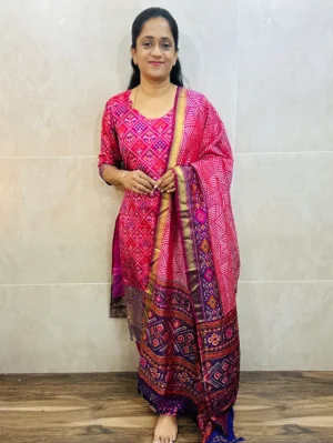 Soft Patola silk top (cotton lining) paired with Patola silk dupatta and printed silk bottom (free size)