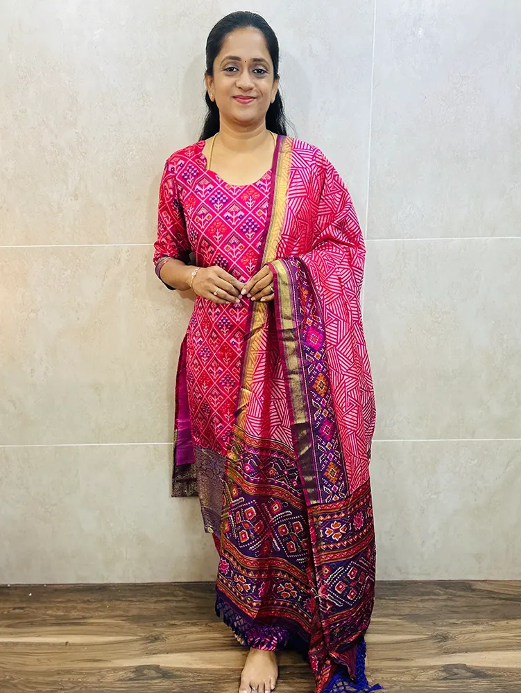 Soft Patola silk top (cotton lining) paired with Patola silk dupatta and printed silk bottom (free size)