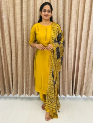 Soft silk top (crepe lining) with Potli work on yoke paired with mirrorworked crush Georgette dupatta and silk bottom (free size)