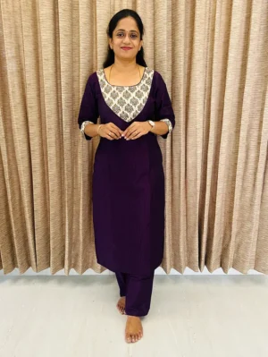 Semi raw silk top (cotton lining) with Jaipur cotton patchwork on yoke paired with semi raw silk bottom (semi palazzo)