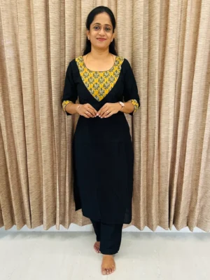 Semi raw silk top (cotton lining) with Jaipur cotton patchwork on yoke paired with semi raw silk bottom (semi palazzo)