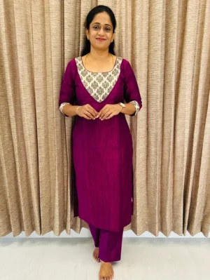 Semi raw silk top (cotton lining) with Jaipur cotton patchwork on yoke paired with semi raw silk bottom (semi palazzo)