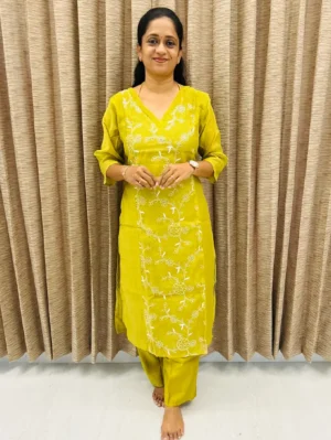 Premium soft Chanderi silk top (crepe lining) with allover embroidered work paired with soft silk bottom (semi palazzo)