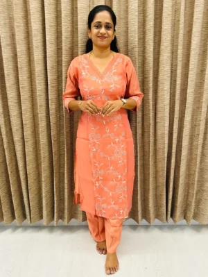 Premium soft Chanderi silk top (crepe lining) with allover embroidered work paired with soft silk bottom (semi palazzo)