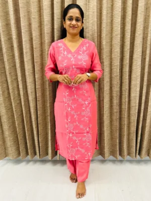 Premium soft Chanderi silk top (crepe lining) with allover embroidered work paired with soft silk bottom (semi palazzo)