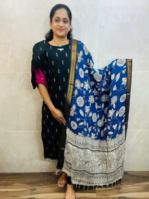 Semi raw silk top (cotton lining) with all over zari woven buttas paired with Kalamkari printed chennuri silk dupatta