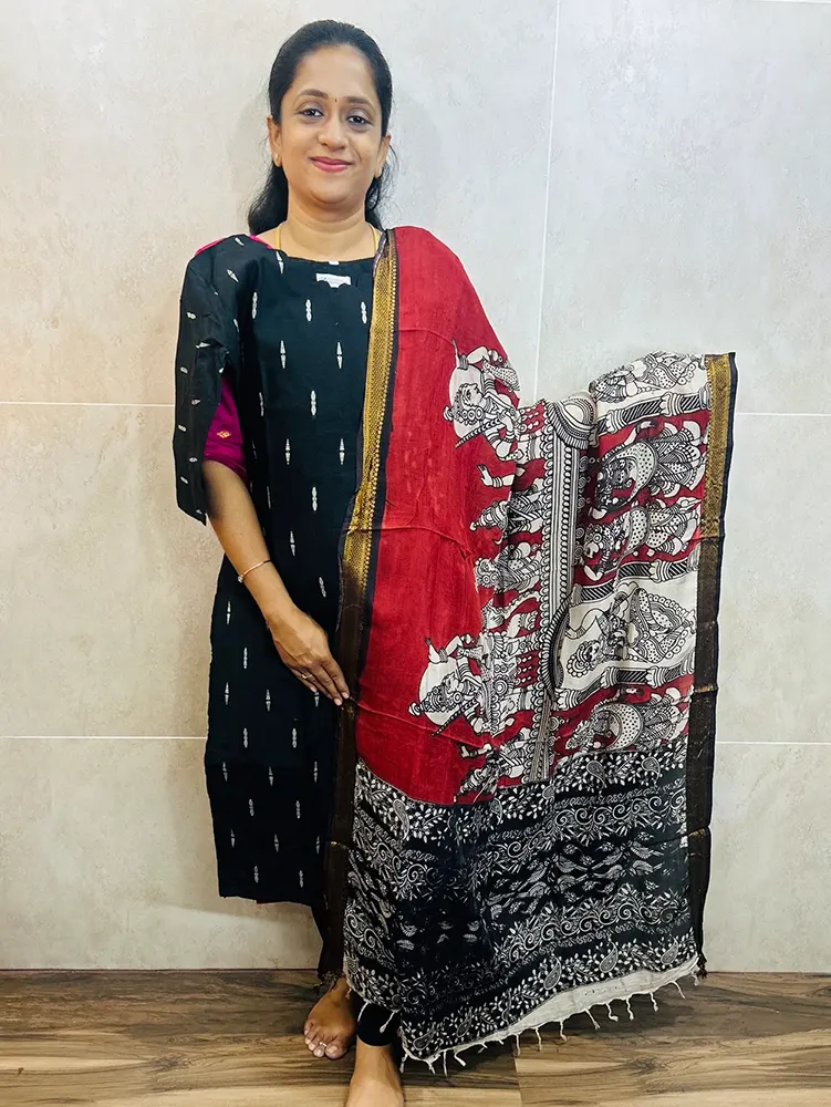 Semi raw silk top (cotton lining) with all over zari woven buttas paired with Kalamkari printed chennuri silk dupatta