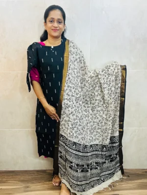 Semi raw silk top (cotton lining) with all over zari woven buttas paired with Kalamkari printed chennuri silk dupatta