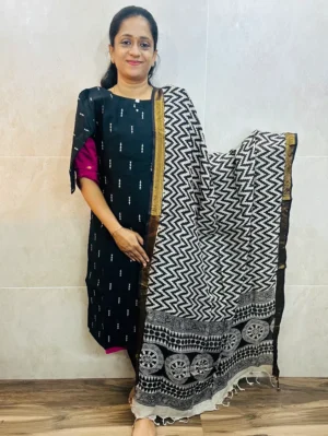 Semi raw silk top (cotton lining) with all over zari woven buttas paired with Kalamkari printed chennuri silk dupatta