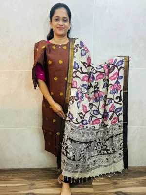 Semi raw silk top (cotton lining) with all over zari woven buttas paired with Kalamkari printed chennuri silk dupatta