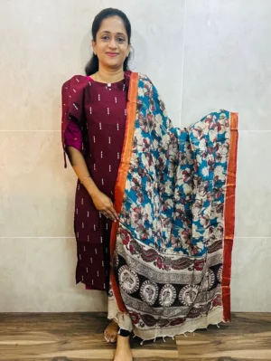 Semi raw silk top (cotton lining) with all over zari woven buttas paired with Kalamkari printed chennuri silk dupatta