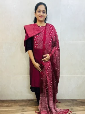 Soft silk top (crepe lining) with patchwork on yoke paired with mirror worked dupatta and silk bottom (free size)