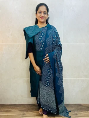 Soft silk top (crepe lining) with patchwork on yoke paired with mirror worked dupatta and silk bottom (free size)