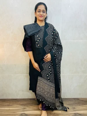 Soft silk top (crepe lining) with patchwork on yoke paired with mirror worked dupatta and silk bottom (free size)