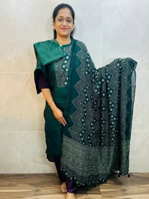 Soft silk top (crepe lining) with patchwork on yoke paired with mirror worked dupatta and silk bottom (free size)