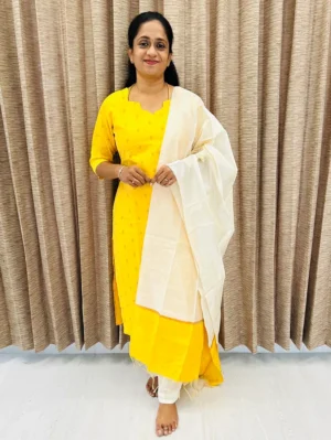 Semi raw silk top (cotton lining) paired with semi raw silk dupatta and semi raw silk bottom (free size)