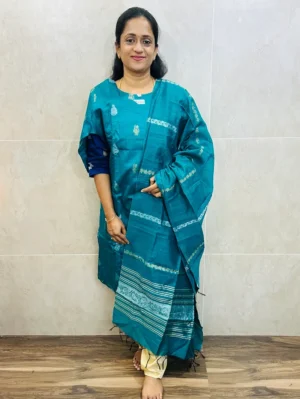 Semi raw silk top (cotton lining) with all over zari woven buttas paired with zari woven semi raw silk dupatta with semi raw silk bottom (Free size)