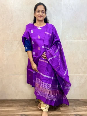 Semi raw silk top (cotton lining) with all over zari woven buttas paired with zari woven semi raw silk dupatta with semi raw silk bottom (Free size)