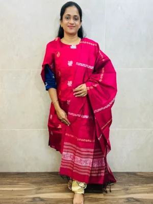 Semi raw silk top (cotton lining) with all over zari woven buttas paired with zari woven semi raw silk dupatta with semi raw silk bottom (Free size)