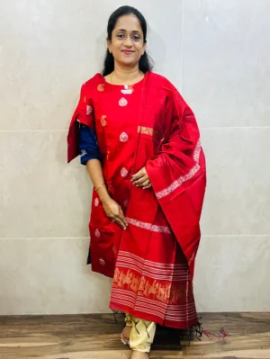 Semi raw silk top (cotton lining) with all over zari woven buttas paired with zari woven semi raw silk dupatta with semi raw silk bottom (Free size)